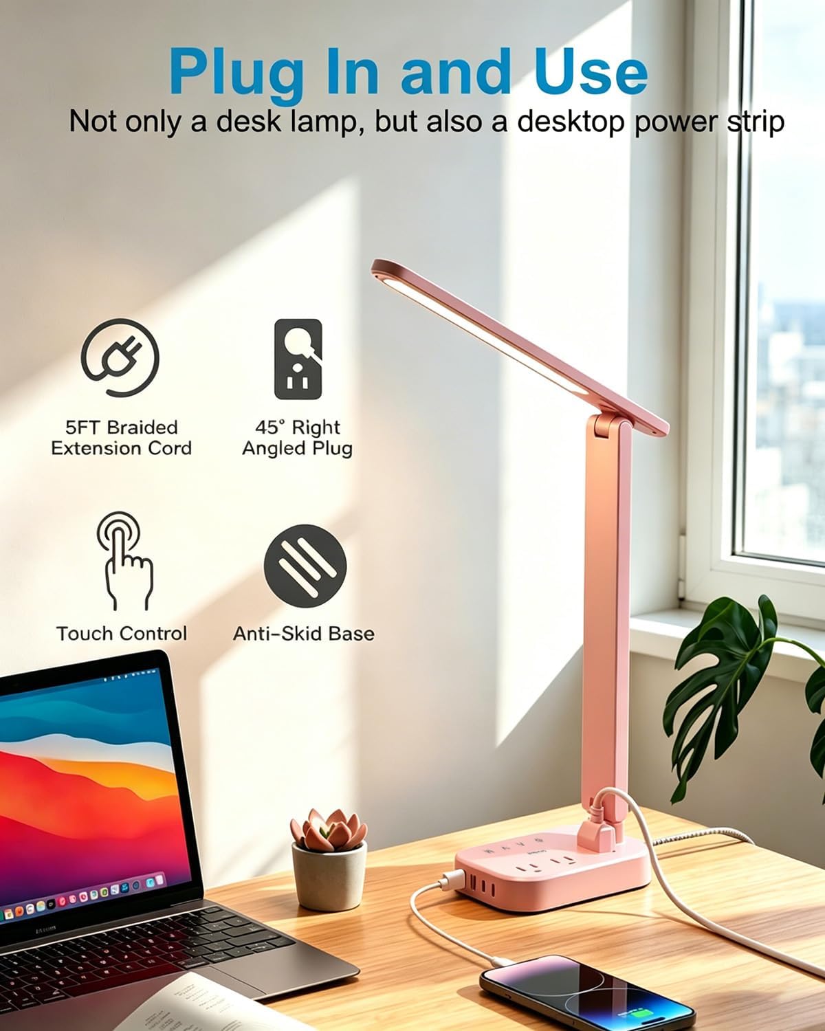 Small LED Desk Lamp Power Strip 5ft Extension Cord with 3 Outlets 4 USB Ports(2 USB C), 4 Modes, 5 Level Touch Lamp Study Reading Light, Home Office Bedroom College Dorm Room Essentials,White