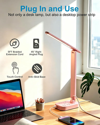 Small LED Desk Lamp Power Strip 5ft Extension Cord with 3 Outlets 4 USB Ports(2 USB C), 4 Modes, 5 Level Touch Lamp Study Reading Light, Home Office Bedroom College Dorm Room Essentials,White
