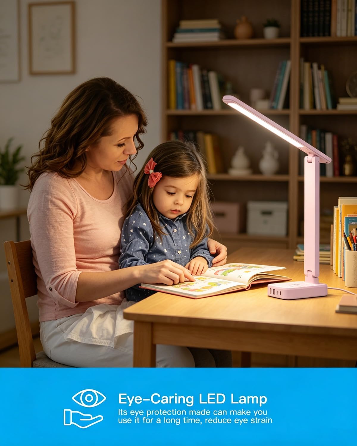 Small LED Desk Lamp Power Strip 5ft Extension Cord with 3 Outlets 4 USB Ports(2 USB C), 4 Modes, 5 Level Touch Lamp Study Reading Light, Home Office Bedroom College Dorm Room Essentials,White