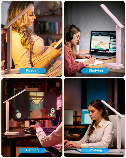 Small LED Desk Lamp Power Strip 5ft Extension Cord with 3 Outlets 4 USB Ports(2 USB C), 4 Modes, 5 Level Touch Lamp Study Reading Light, Home Office Bedroom College Dorm Room Essentials,White