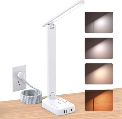 Small LED Desk Lamp Power Strip 5ft Extension Cord with 3 Outlets 4 USB Ports(2 USB C), 4 Modes, 5 Level Touch Lamp Study Reading Light, Home Office Bedroom College Dorm Room Essentials,White