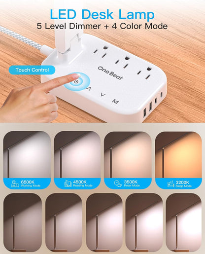 Small LED Desk Lamp Power Strip 5ft Extension Cord with 3 Outlets 4 USB Ports(2 USB C), 4 Modes, 5 Level Touch Lamp Study Reading Light, Home Office Bedroom College Dorm Room Essentials,White