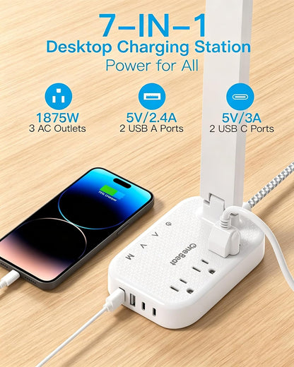 Small LED Desk Lamp Power Strip 5ft Extension Cord with 3 Outlets 4 USB Ports(2 USB C), 4 Modes, 5 Level Touch Lamp Study Reading Light, Home Office Bedroom College Dorm Room Essentials,White