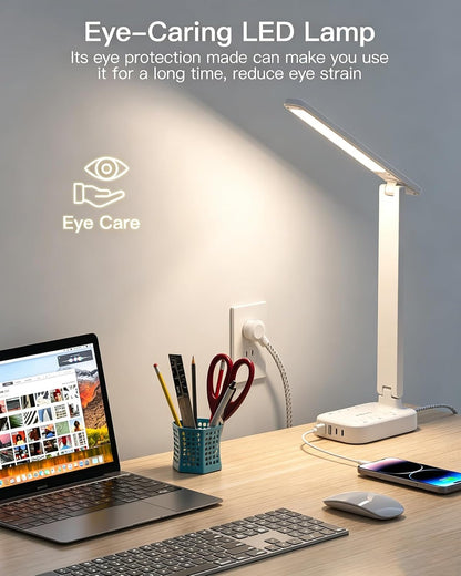 Small LED Desk Lamp Power Strip 5ft Extension Cord with 3 Outlets 4 USB Ports(2 USB C), 4 Modes, 5 Level Touch Lamp Study Reading Light, Home Office Bedroom College Dorm Room Essentials,White