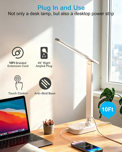 Small LED Desk Lamp Power Strip 5ft Extension Cord with 3 Outlets 4 USB Ports(2 USB C), 4 Modes, 5 Level Touch Lamp Study Reading Light, Home Office Bedroom College Dorm Room Essentials,White