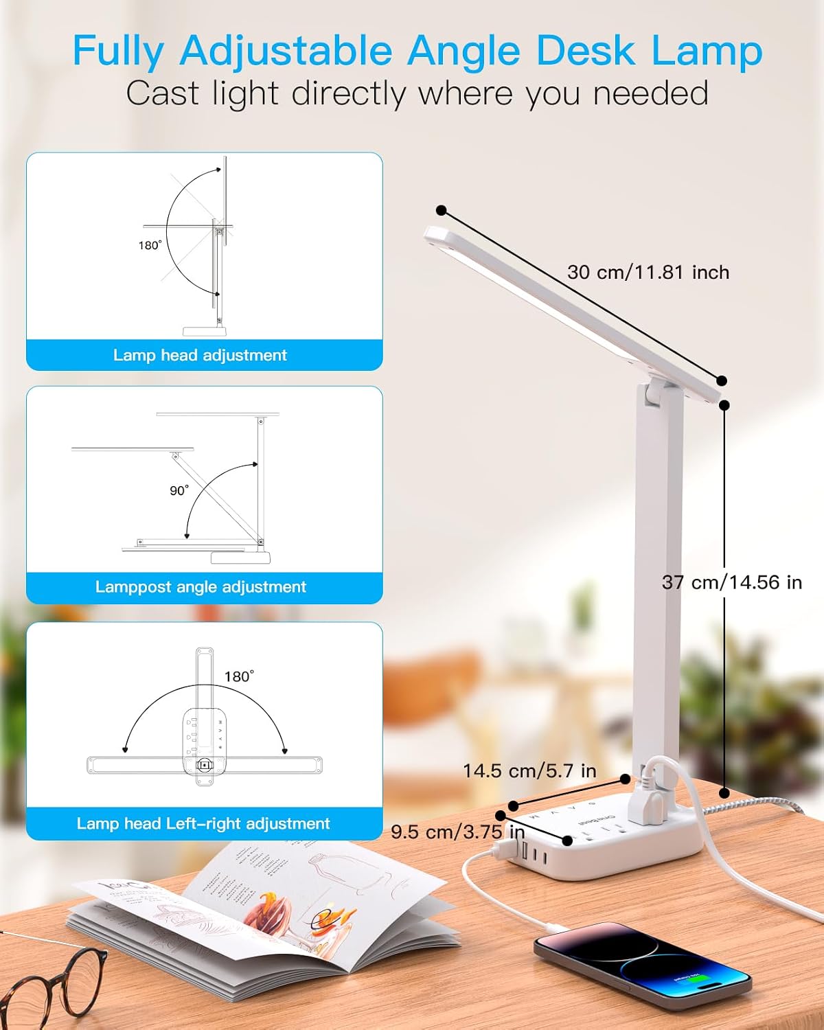 Small LED Desk Lamp Power Strip 5ft Extension Cord with 3 Outlets 4 USB Ports(2 USB C), 4 Modes, 5 Level Touch Lamp Study Reading Light, Home Office Bedroom College Dorm Room Essentials,White