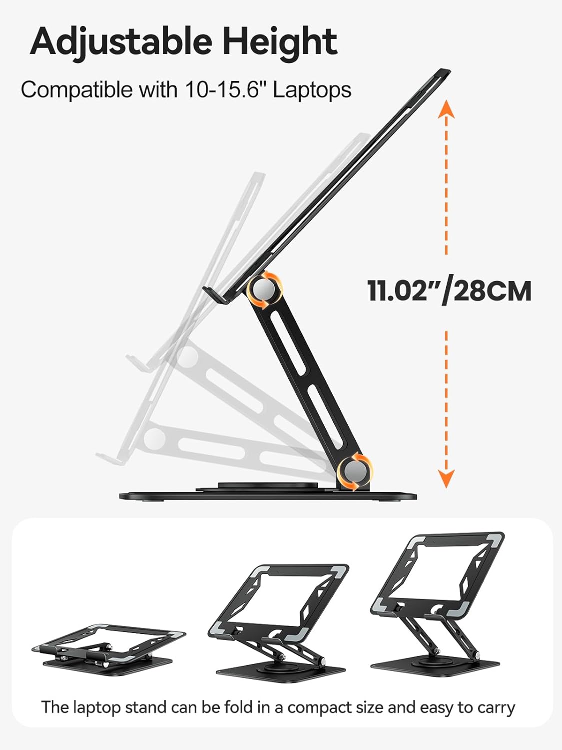 Laptop Stand for Desk, Adjustable Computer Stand Holder with 360° Rotating Base, Ergonomic Laptop Riser Compatible with MacBook Pro Air, All Laptops 10-15.6"-Black