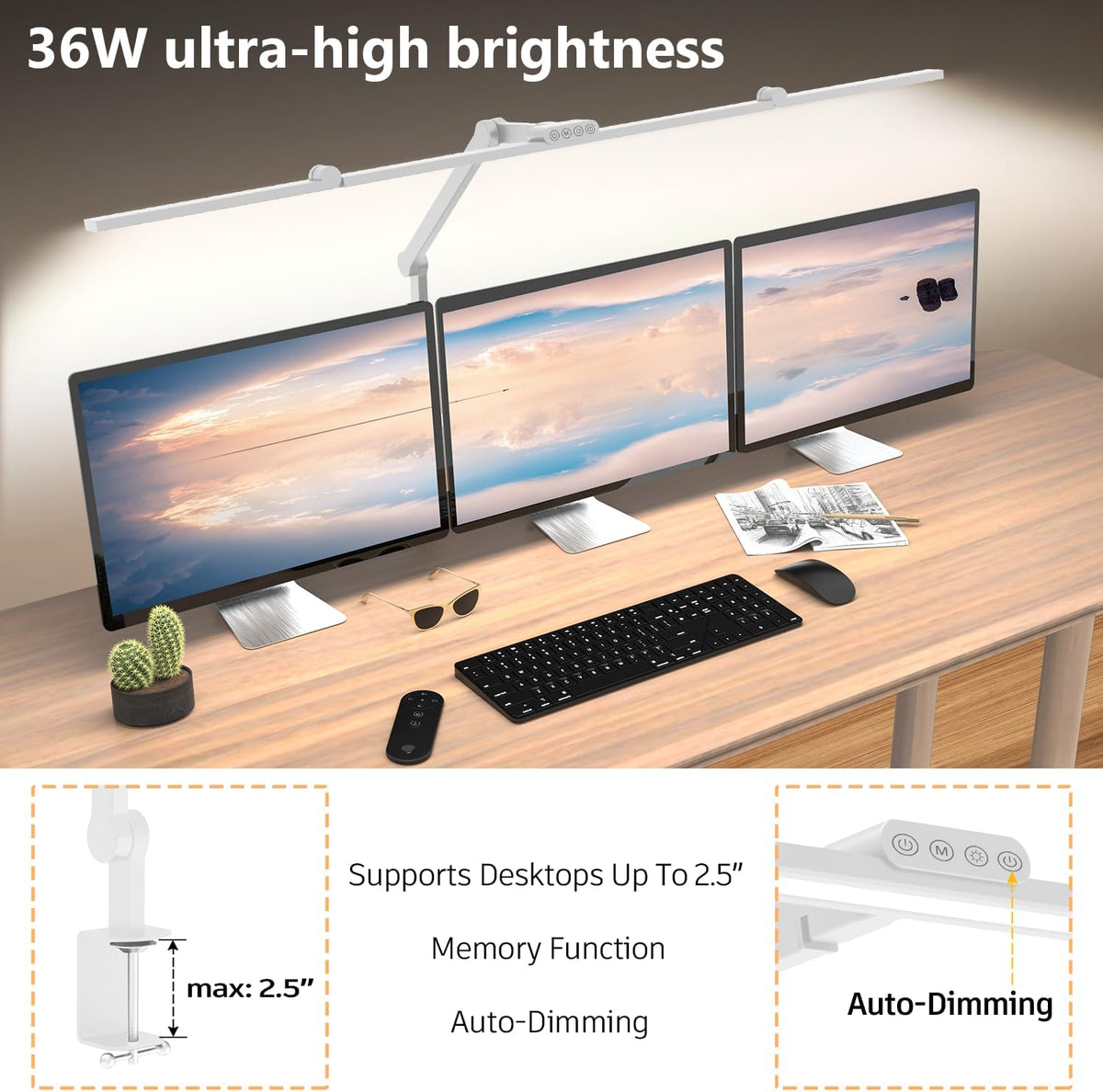 3000 Lumen Ultra Bright Architect Desk Lamp with Clamp, 36W Tall Overhead Led Desk Light for Home Office, 47Inch Long Dimmable Computer Monitor Light Bar with Remote for Table Desktop Drafting