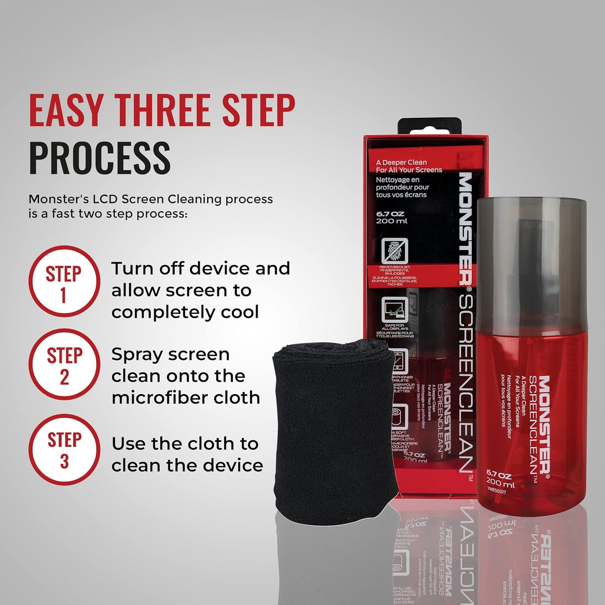 Screen Cleaner Kit with Microfiber Cloth, 6.7 oz (200 mL) Monitor Cleaning Spray for HDTVs, Laptops, Tablets, Smartphones and Eyeglasses, White/Black/Red