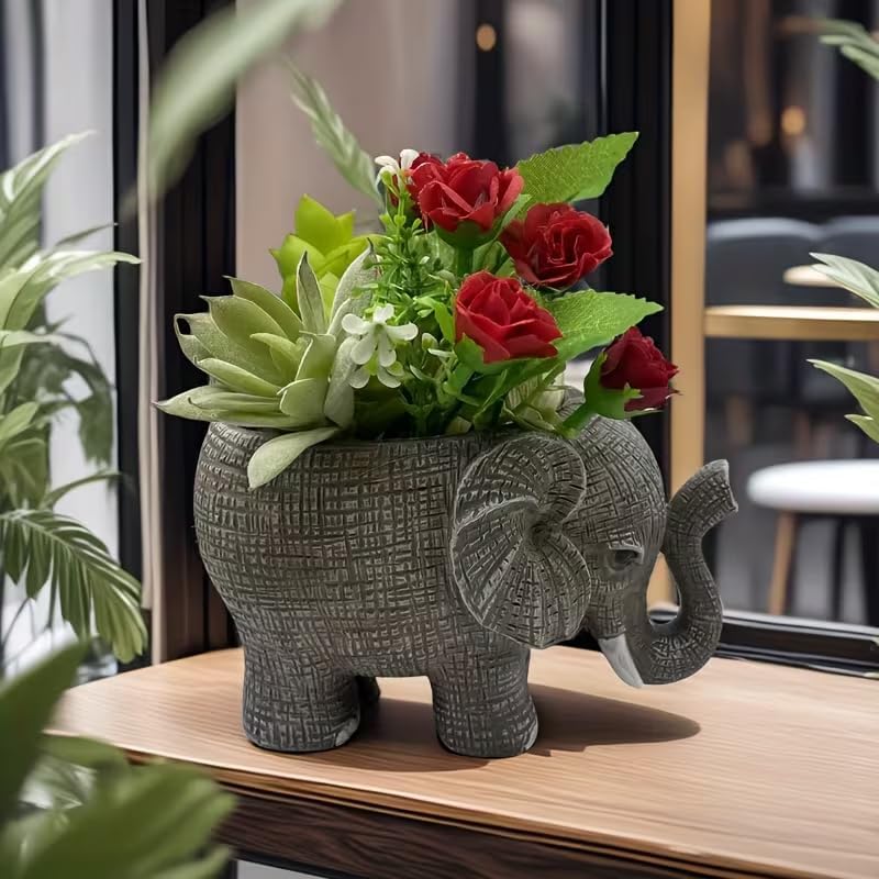 Mini Elephant Succulent Planter Pot, Cute Resin Animal Flower Pot for Succulents, Cactus & Small Plants, Small Decorative Desk Planter for Home Office Decor