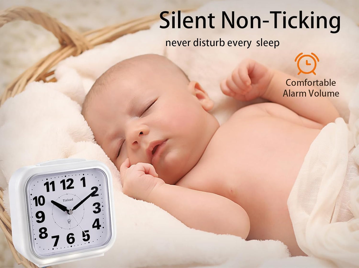 5.5" Large No Ticking Analog Alarm Clock,Silent Readable for Seniors,Easy to Set,Gradual Rise Alarm,Big Numbers,Gentle Wake,Snooze, Lighted on Demand,Battery Operated,Black