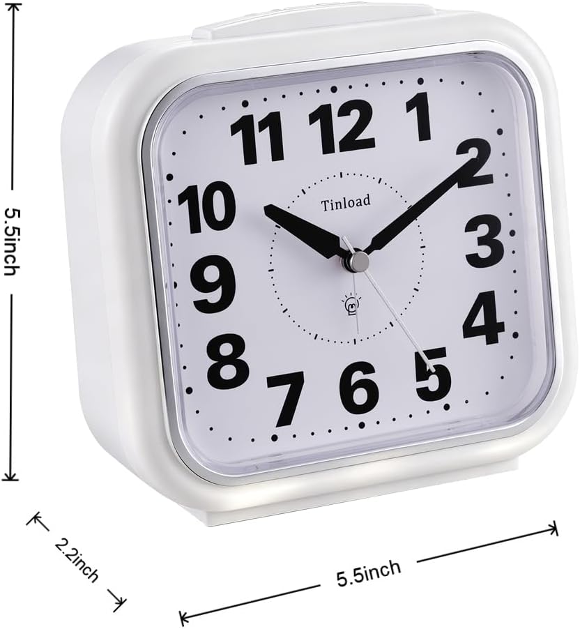 5.5" Large No Ticking Analog Alarm Clock,Silent Readable for Seniors,Easy to Set,Gradual Rise Alarm,Big Numbers,Gentle Wake,Snooze, Lighted on Demand,Battery Operated,Black