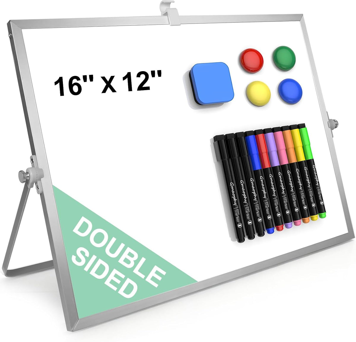 Dry Erase White Board with Stand, 16"x12" Double-Sided Magnetic Whiteboard