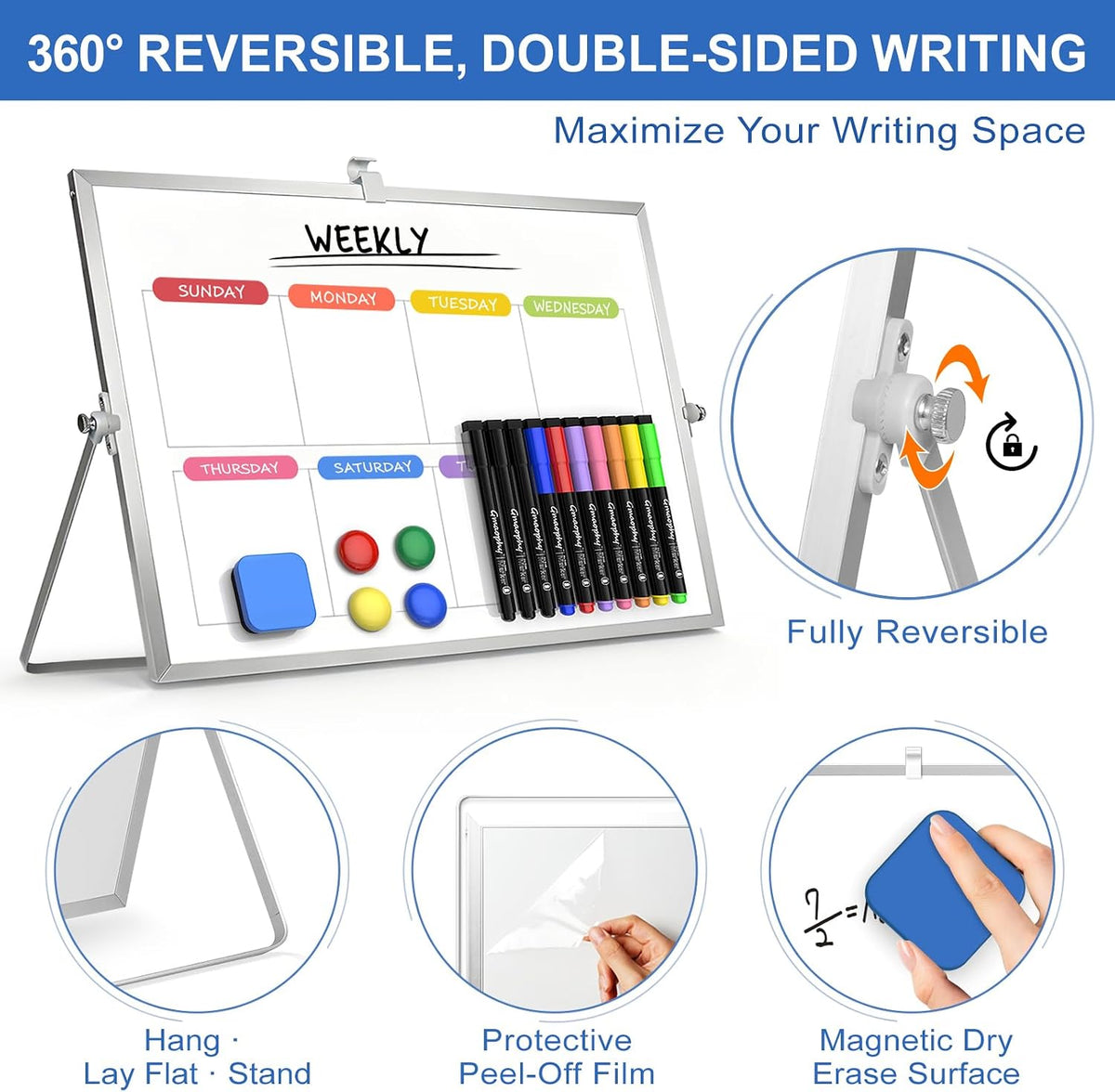 Dry Erase White Board with Stand, 16"x12" Double-Sided Magnetic Whiteboard