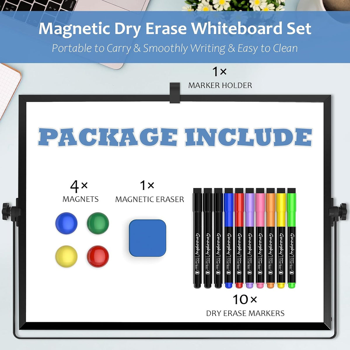 Dry Erase White Board with Stand, 16"x12" Double-Sided Magnetic Whiteboard