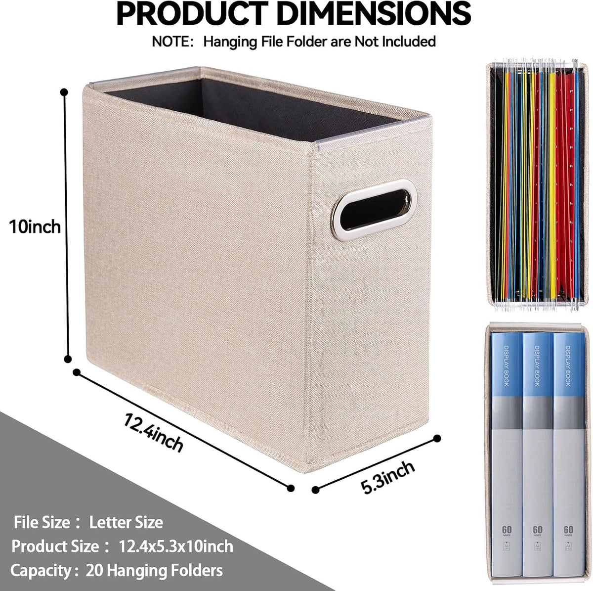 Letter Size File Storage Box Collapsible, Fabric Hanging File Folders Organizer, Portable Office Document Holder with Metal Handle, Smooth PVC Rails, Beige