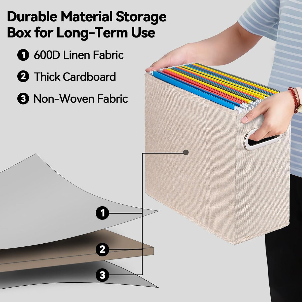 Letter Size File Storage Box Collapsible, Fabric Hanging File Folders Organizer, Portable Office Document Holder with Metal Handle, Smooth PVC Rails, Beige