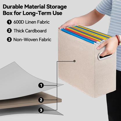 Letter Size File Storage Box Collapsible, Fabric Hanging File Folders Organizer, Portable Office Document Holder with Metal Handle, Smooth PVC Rails, Beige