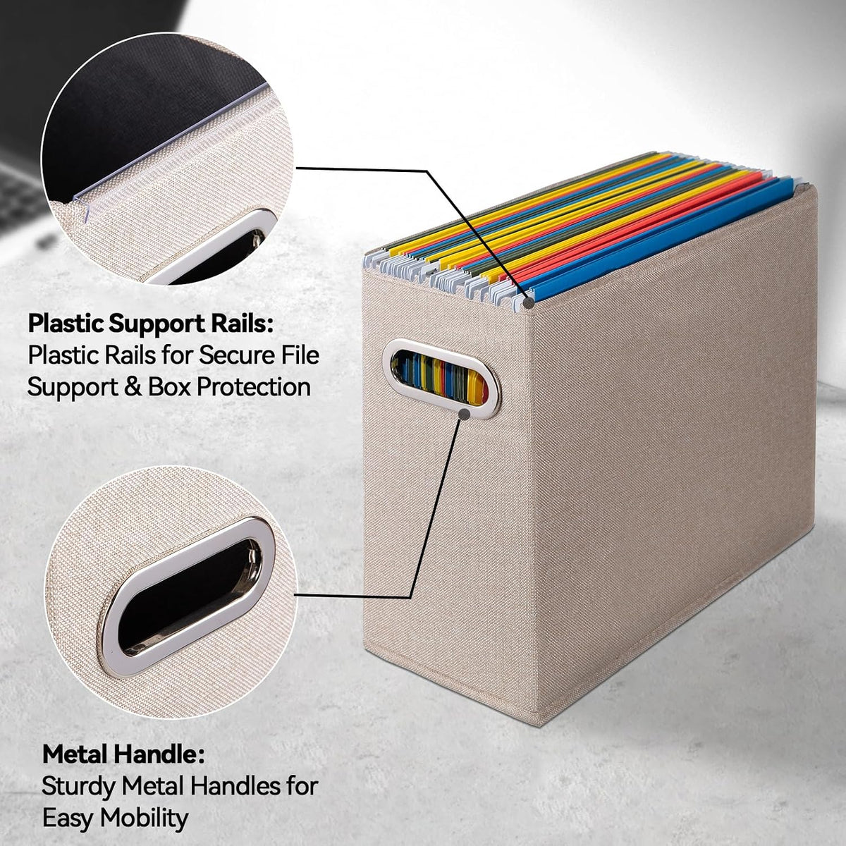 Letter Size File Storage Box Collapsible, Fabric Hanging File Folders Organizer, Portable Office Document Holder with Metal Handle, Smooth PVC Rails, Beige
