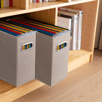 Letter Size File Storage Box Collapsible, Fabric Hanging File Folders Organizer, Portable Office Document Holder with Metal Handle, Smooth PVC Rails, Beige