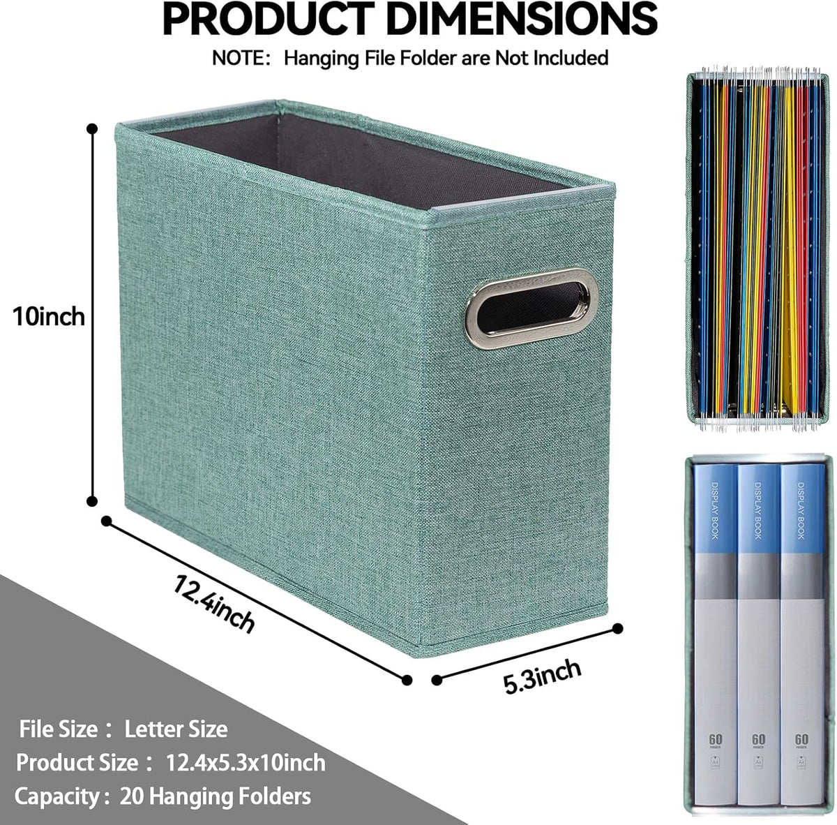 Letter Size File Storage Box Collapsible, Fabric Hanging File Folders Organizer, Portable Office Document Holder with Metal Handle, Smooth PVC Rails, Beige