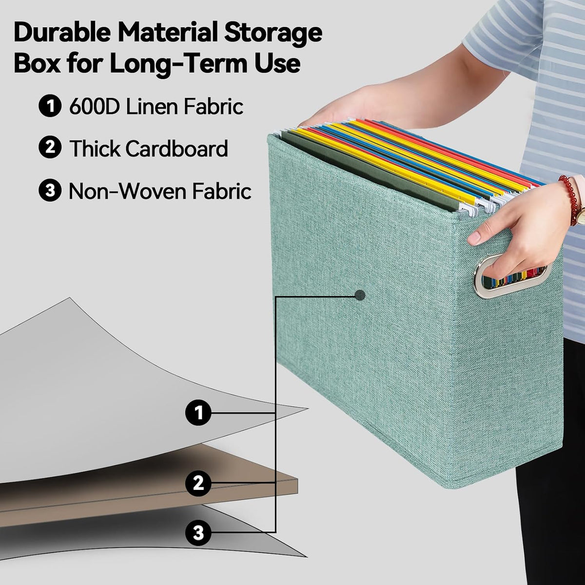 Letter Size File Storage Box Collapsible, Fabric Hanging File Folders Organizer, Portable Office Document Holder with Metal Handle, Smooth PVC Rails, Beige
