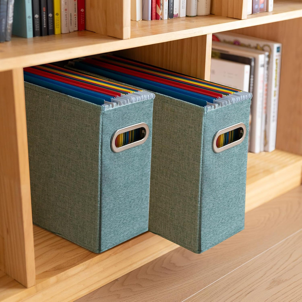 Letter Size File Storage Box Collapsible, Fabric Hanging File Folders Organizer, Portable Office Document Holder with Metal Handle, Smooth PVC Rails, Beige