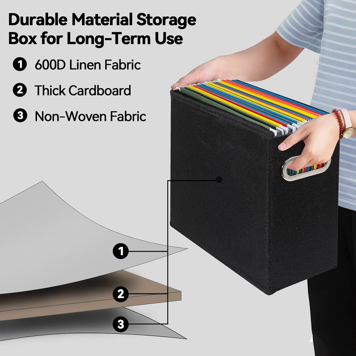 Letter Size File Storage Box Collapsible, Fabric Hanging File Folders Organizer, Portable Office Document Holder with Metal Handle, Smooth PVC Rails, Beige