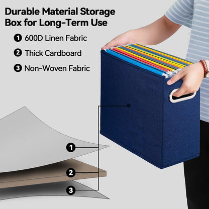Letter Size File Storage Box Collapsible, Fabric Hanging File Folders Organizer, Portable Office Document Holder with Metal Handle, Smooth PVC Rails, Beige