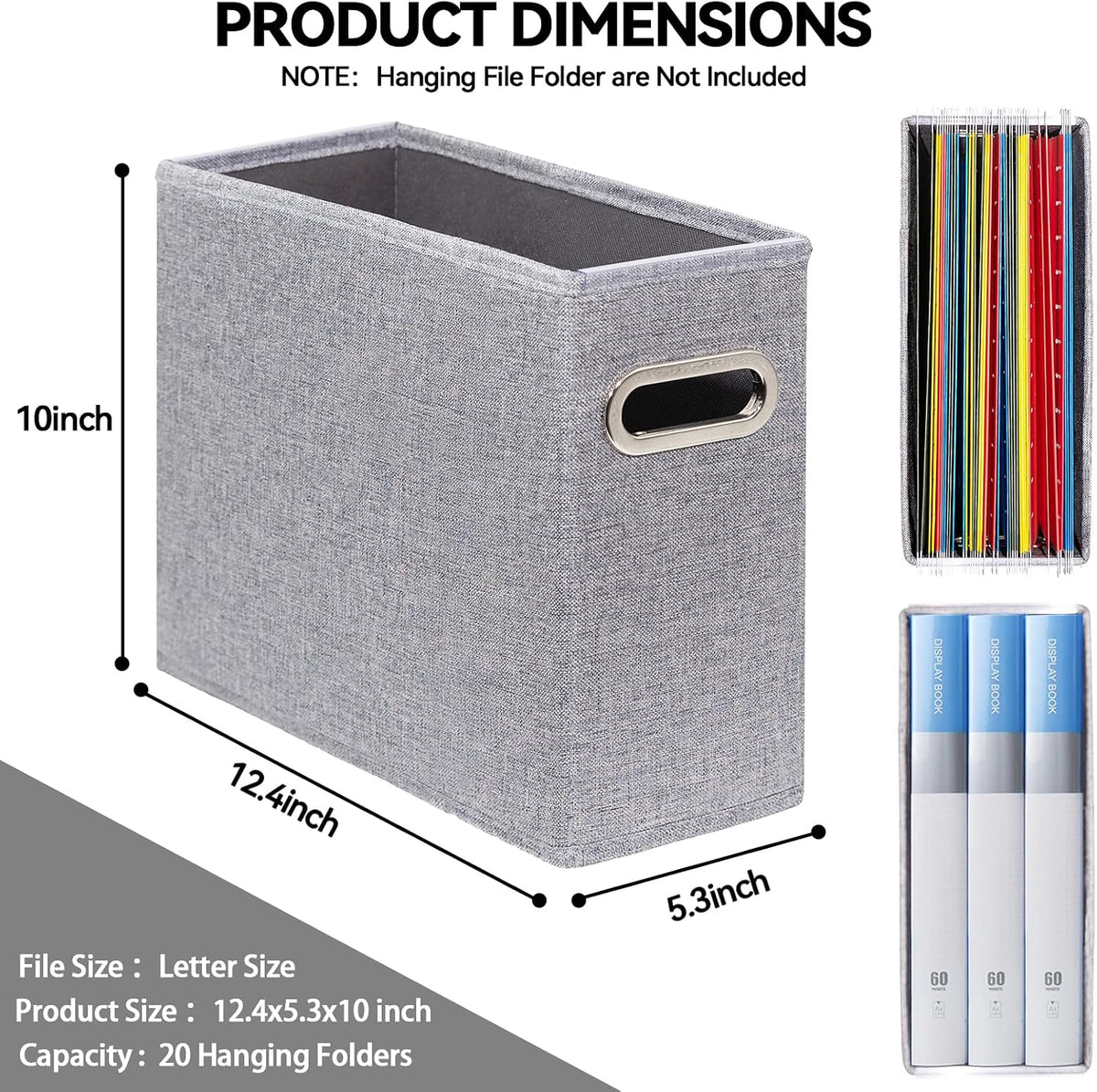 Letter Size File Storage Box Collapsible, Fabric Hanging File Folders Organizer, Portable Office Document Holder with Metal Handle, Smooth PVC Rails, Beige