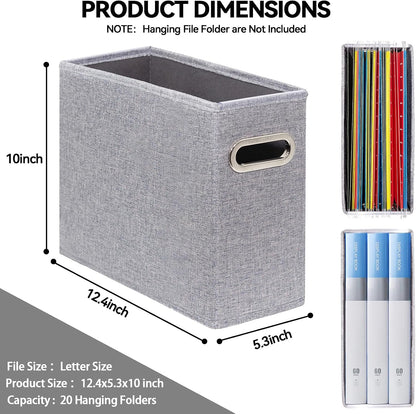 Letter Size File Storage Box Collapsible, Fabric Hanging File Folders Organizer, Portable Office Document Holder with Metal Handle, Smooth PVC Rails, Beige