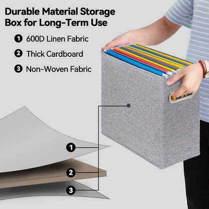 Letter Size File Storage Box Collapsible, Fabric Hanging File Folders Organizer, Portable Office Document Holder with Metal Handle, Smooth PVC Rails, Beige