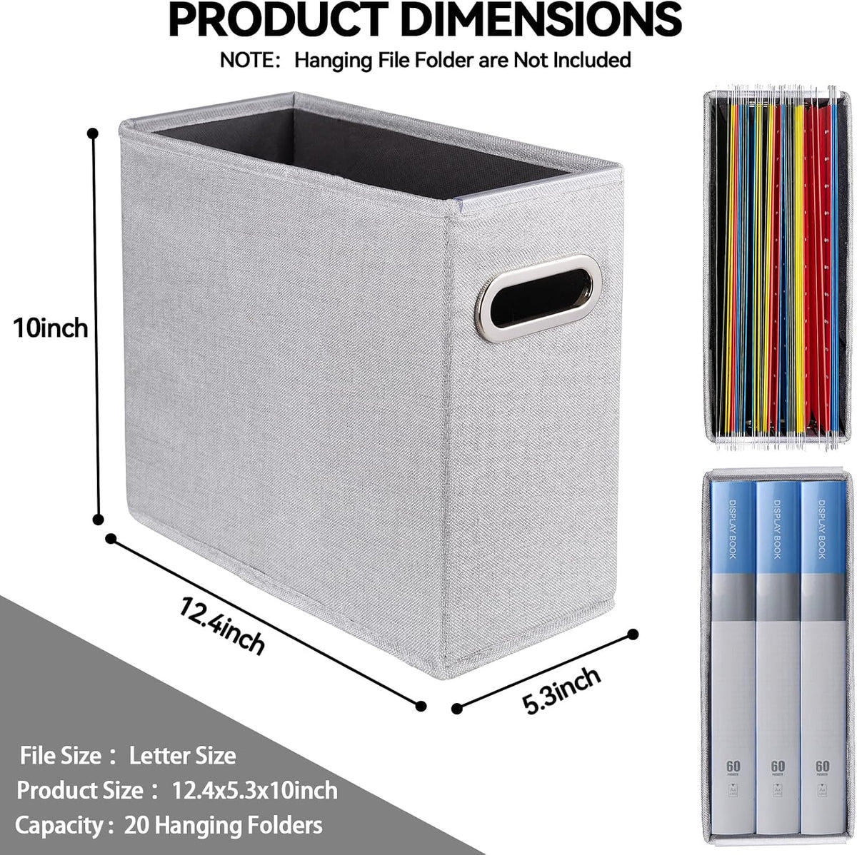 Letter Size File Storage Box Collapsible, Fabric Hanging File Folders Organizer, Portable Office Document Holder with Metal Handle, Smooth PVC Rails, Beige