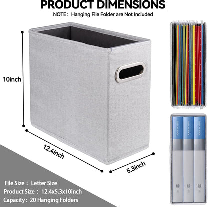 Letter Size File Storage Box Collapsible, Fabric Hanging File Folders Organizer, Portable Office Document Holder with Metal Handle, Smooth PVC Rails, Beige