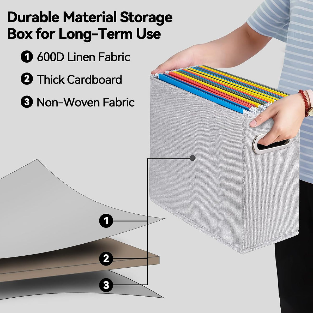 Letter Size File Storage Box Collapsible, Fabric Hanging File Folders Organizer, Portable Office Document Holder with Metal Handle, Smooth PVC Rails, Beige