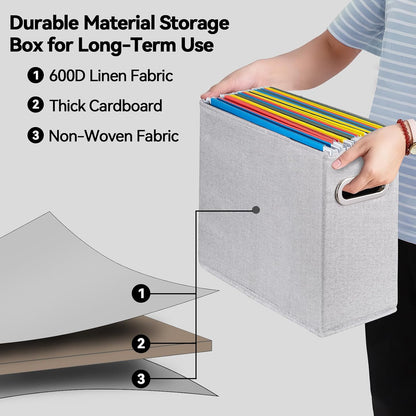 Letter Size File Storage Box Collapsible, Fabric Hanging File Folders Organizer, Portable Office Document Holder with Metal Handle, Smooth PVC Rails, Beige