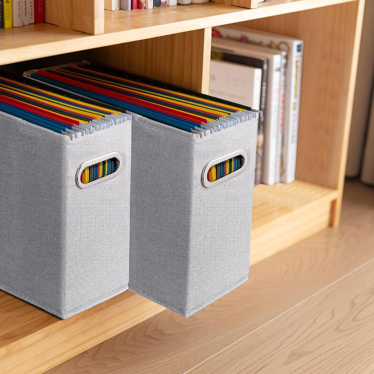 Letter Size File Storage Box Collapsible, Fabric Hanging File Folders Organizer, Portable Office Document Holder with Metal Handle, Smooth PVC Rails, Beige