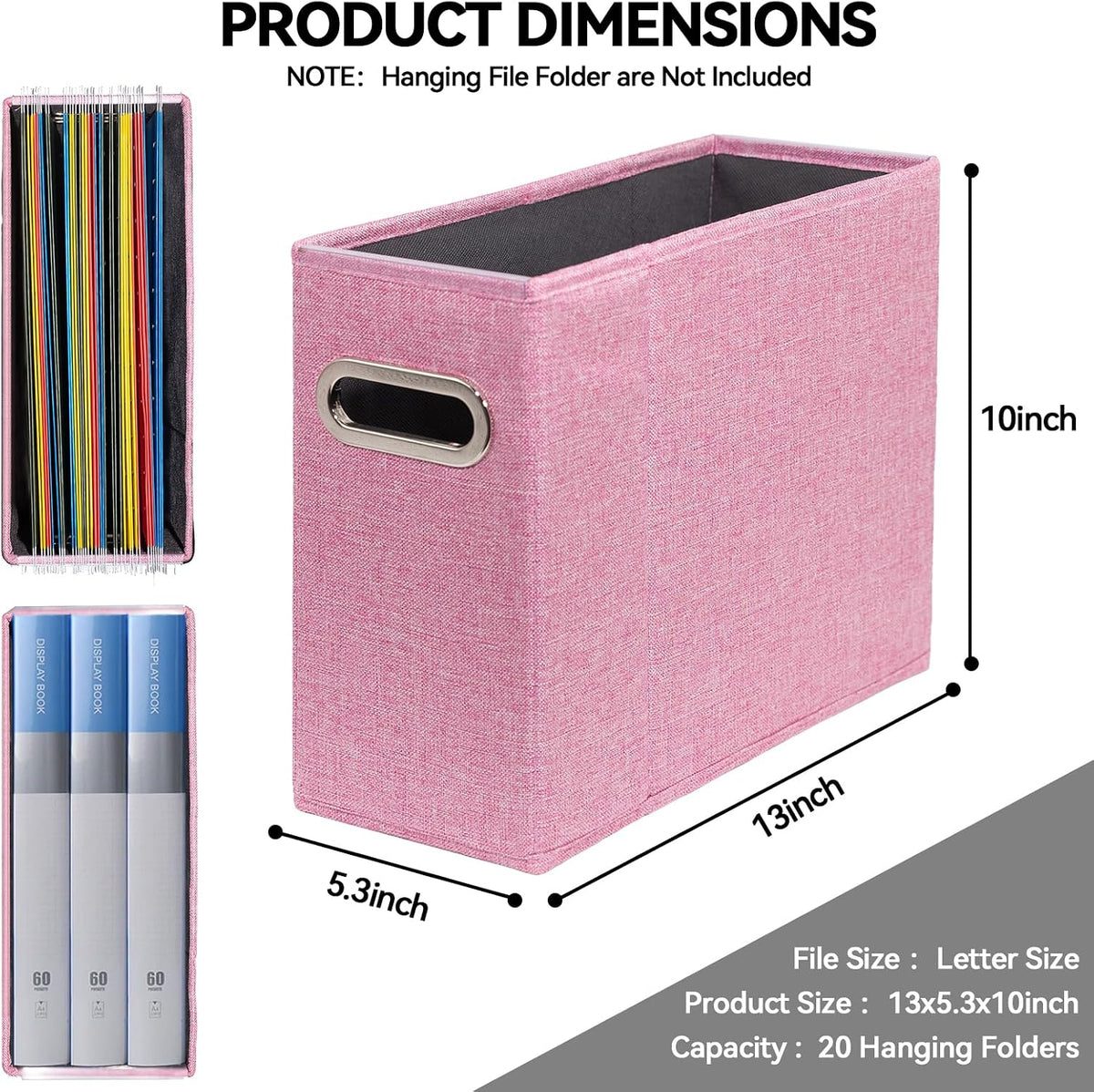 Letter Size File Storage Box Collapsible, Fabric Hanging File Folders Organizer, Portable Office Document Holder with Metal Handle, Smooth PVC Rails, Beige