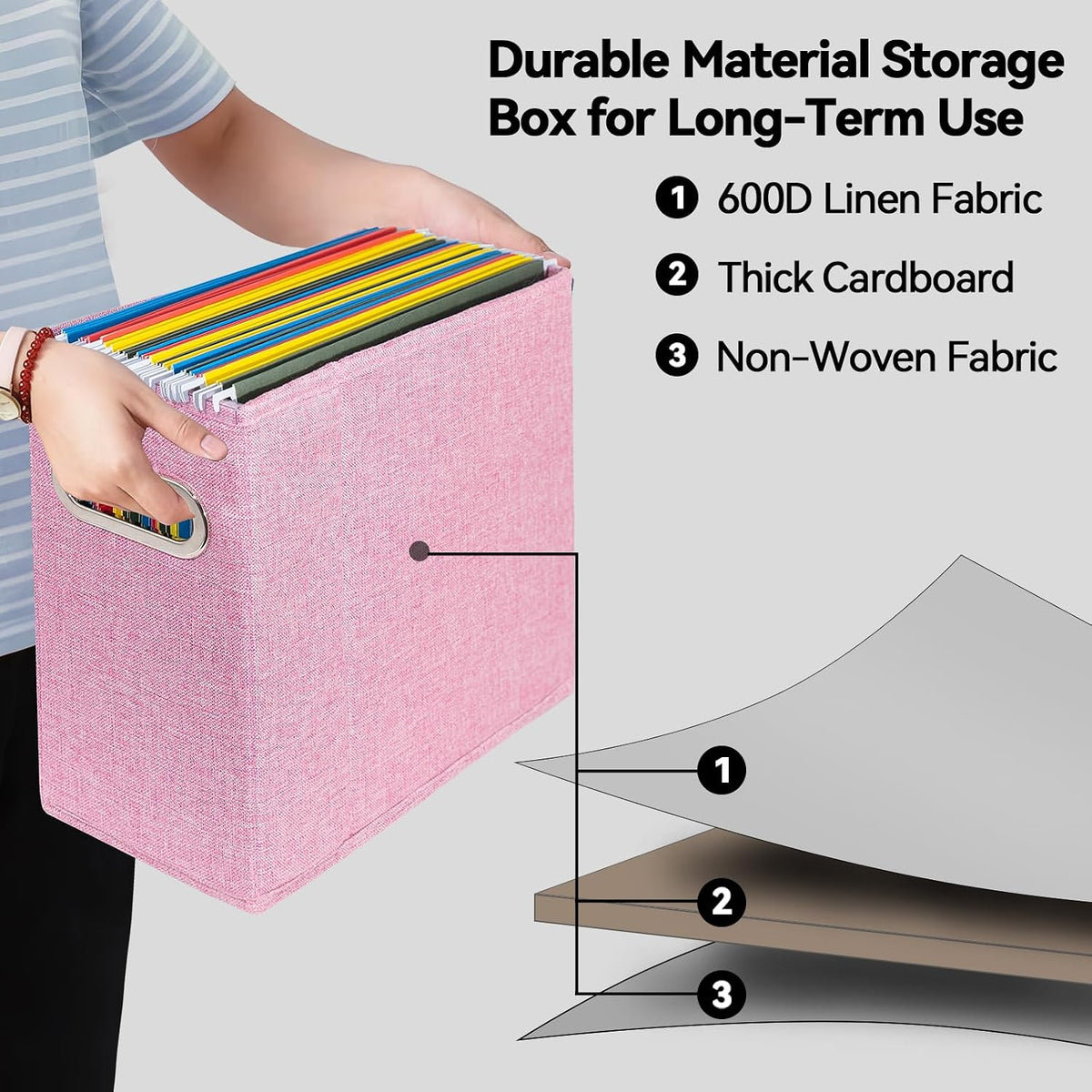 Letter Size File Storage Box Collapsible, Fabric Hanging File Folders Organizer, Portable Office Document Holder with Metal Handle, Smooth PVC Rails, Beige