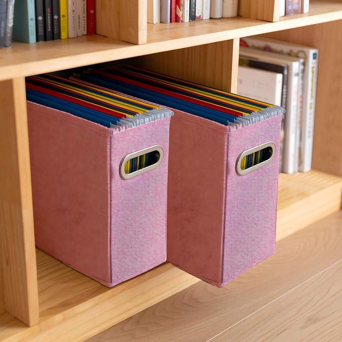 Letter Size File Storage Box Collapsible, Fabric Hanging File Folders Organizer, Portable Office Document Holder with Metal Handle, Smooth PVC Rails, Beige