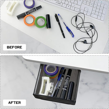 1 Pcs Under Desk Drawer, Under Table Hidden Organizer, Plastic Self-adhesive Slide out Under Desk Storage Drawer for Office Dresser Home School Stationery Kitchen (Black)