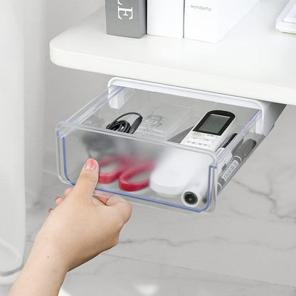 1 Pcs Under Desk Drawer, Under Table Hidden Organizer, Plastic Self-adhesive Slide out Under Desk Storage Drawer for Office Dresser Home School Stationery Kitchen (Black)