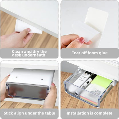 1 Pcs Under Desk Drawer, Under Table Hidden Organizer, Plastic Self-adhesive Slide out Under Desk Storage Drawer for Office Dresser Home School Stationery Kitchen (Black)