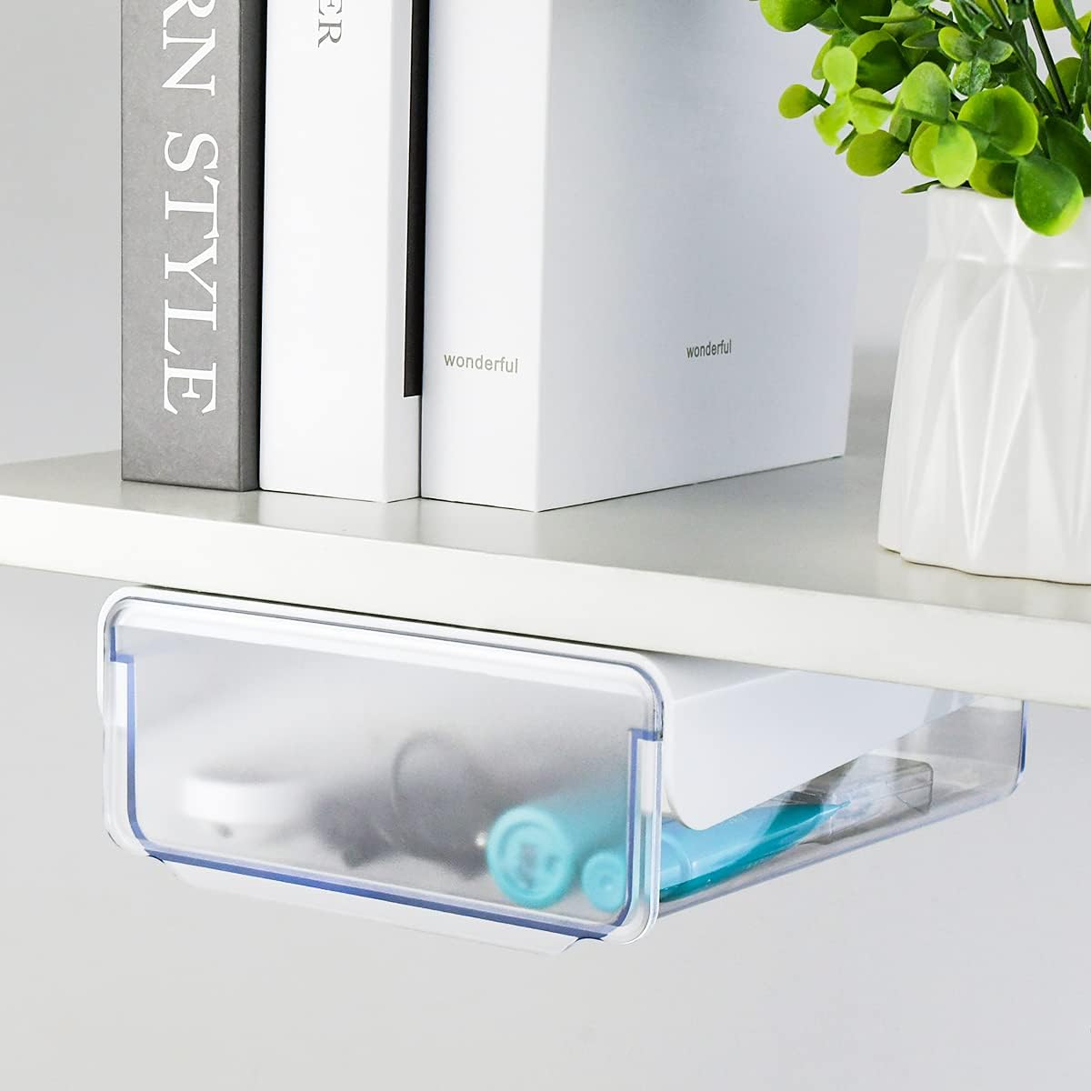 1 Pcs Under Desk Drawer, Under Table Hidden Organizer, Plastic Self-adhesive Slide out Under Desk Storage Drawer for Office Dresser Home School Stationery Kitchen (Black)
