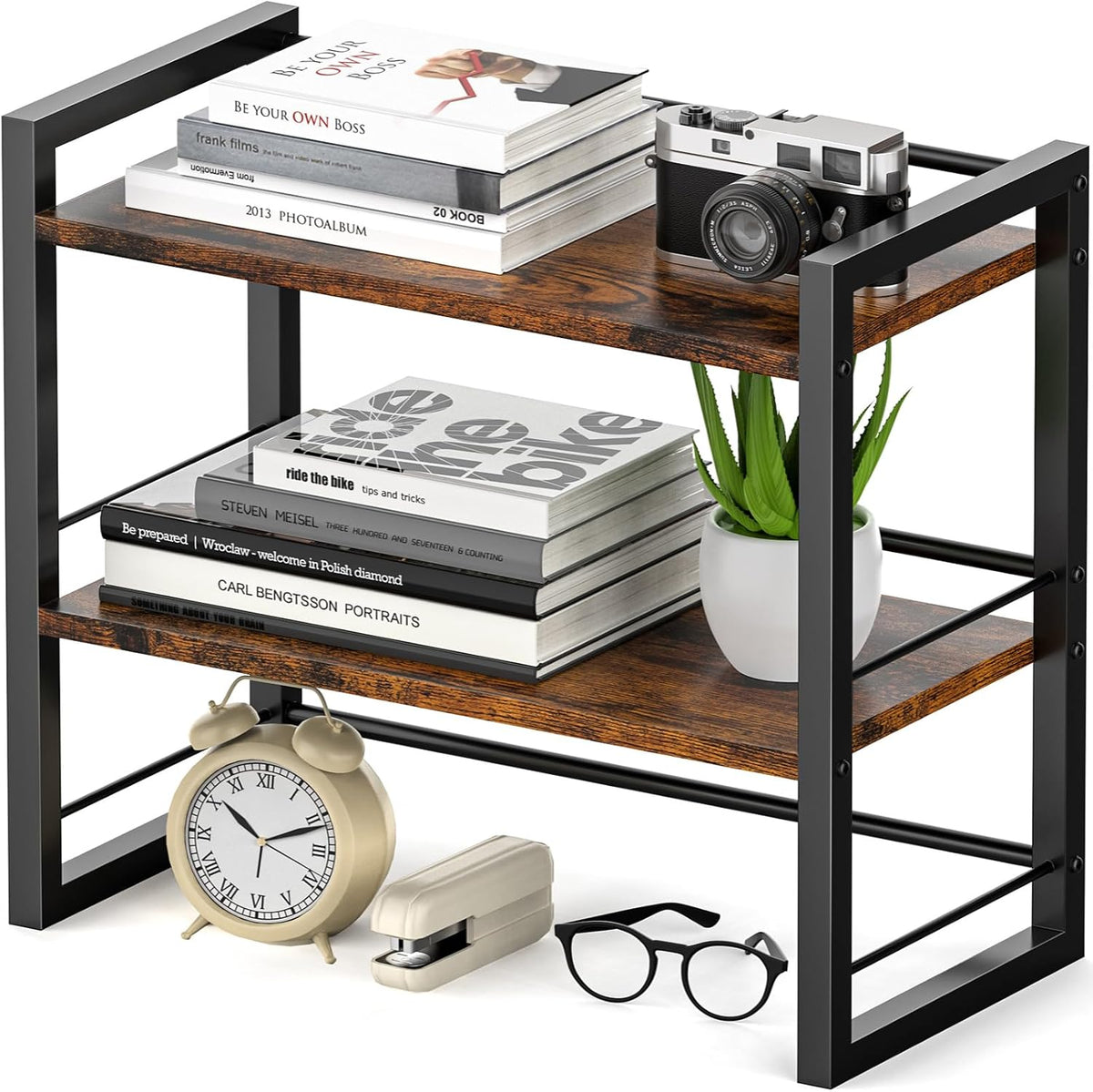 Office Desk Shelf Organizer, Wood Desktop Bookshelf Supplies Storage Rack, Shelf for Top of Desk and Dresser (Black-2 Tier)