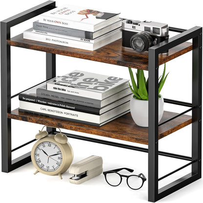 Office Desk Shelf Organizer, Wood Desktop Bookshelf Supplies Storage Rack, Shelf for Top of Desk and Dresser (Black-2 Tier)