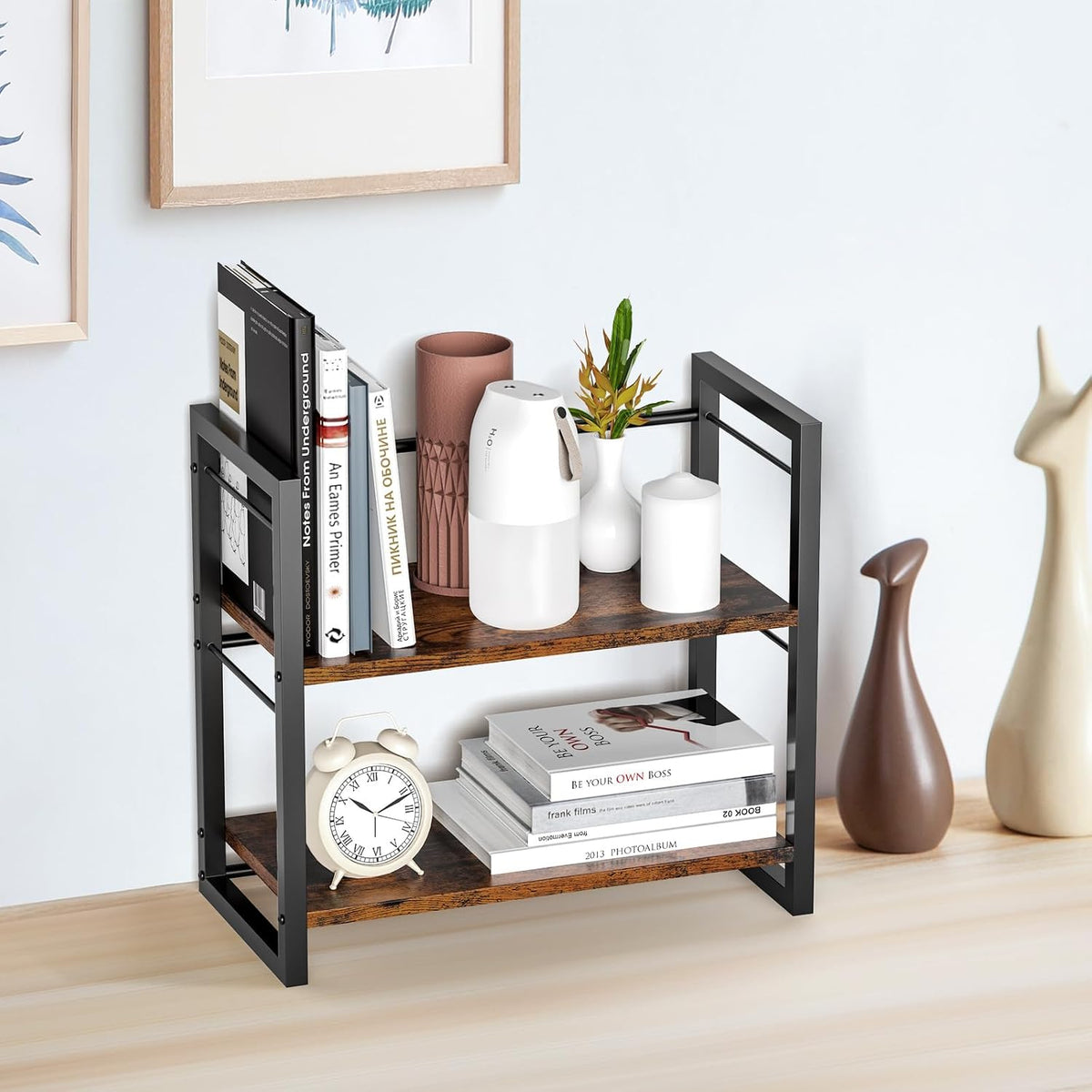 Office Desk Shelf Organizer, Wood Desktop Bookshelf Supplies Storage Rack, Shelf for Top of Desk and Dresser (Black-2 Tier)