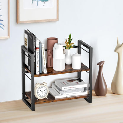 Office Desk Shelf Organizer, Wood Desktop Bookshelf Supplies Storage Rack, Shelf for Top of Desk and Dresser (Black-2 Tier)