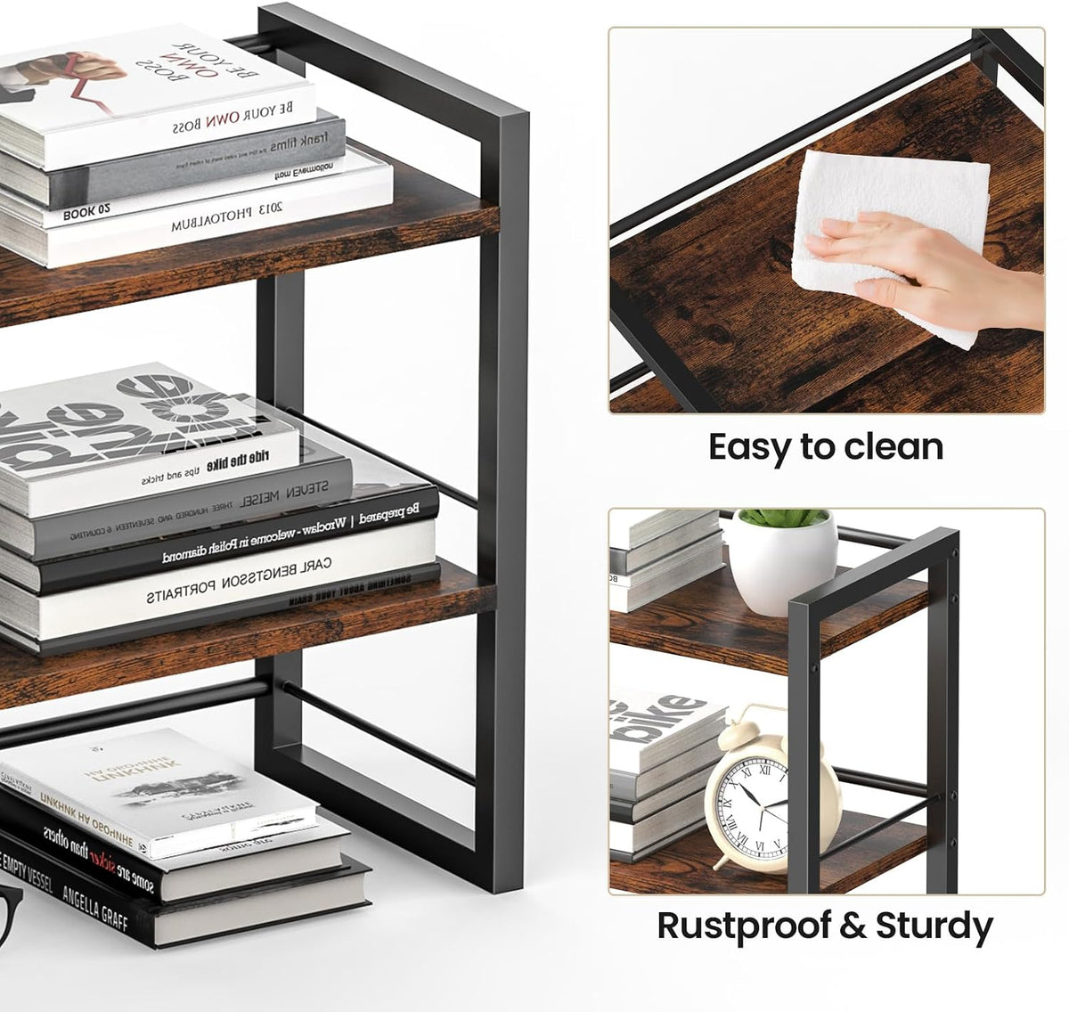 Office Desk Shelf Organizer, Wood Desktop Bookshelf Supplies Storage Rack, Shelf for Top of Desk and Dresser (Black-2 Tier)