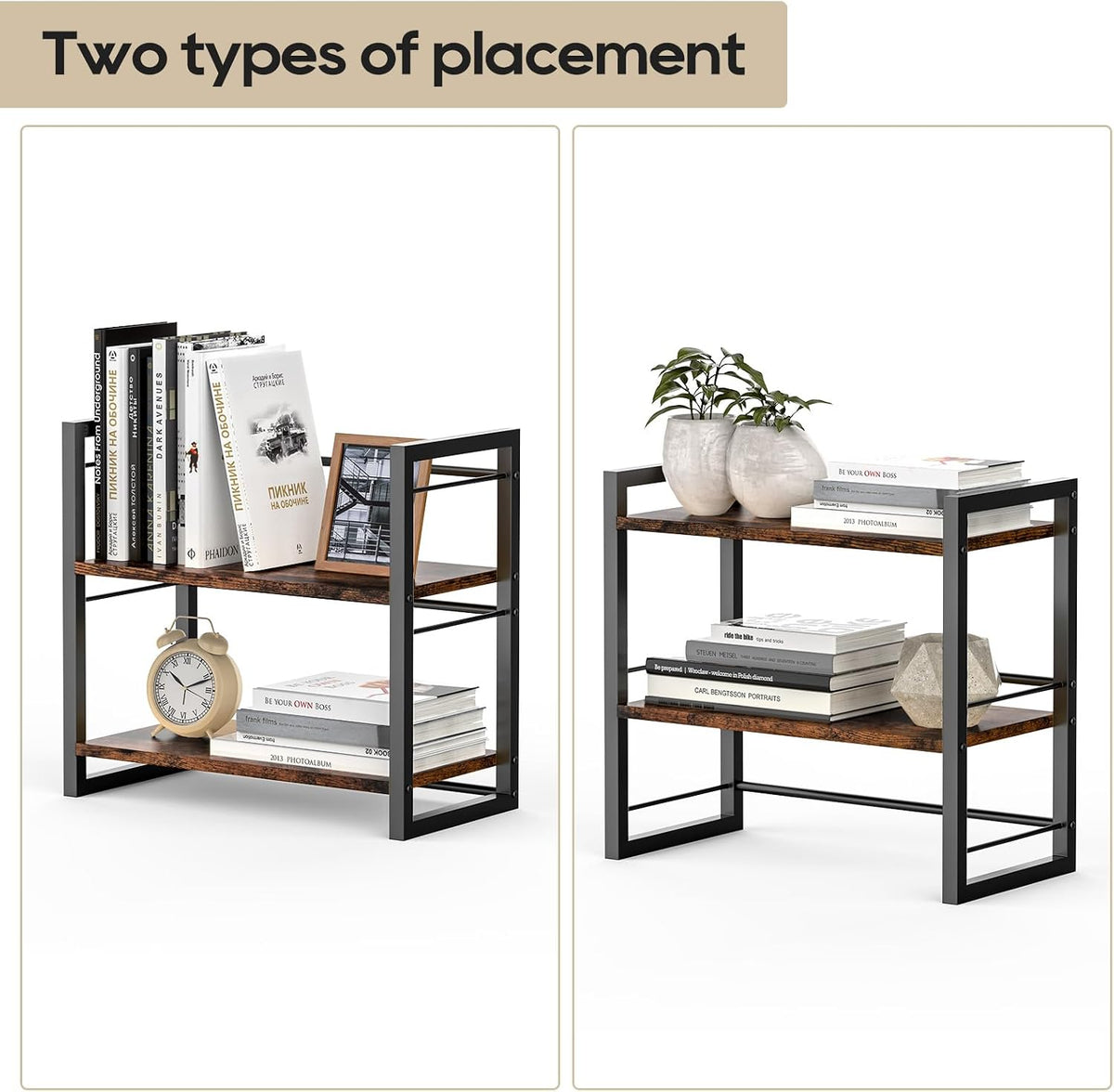 Office Desk Shelf Organizer, Wood Desktop Bookshelf Supplies Storage Rack, Shelf for Top of Desk and Dresser (Black-2 Tier)